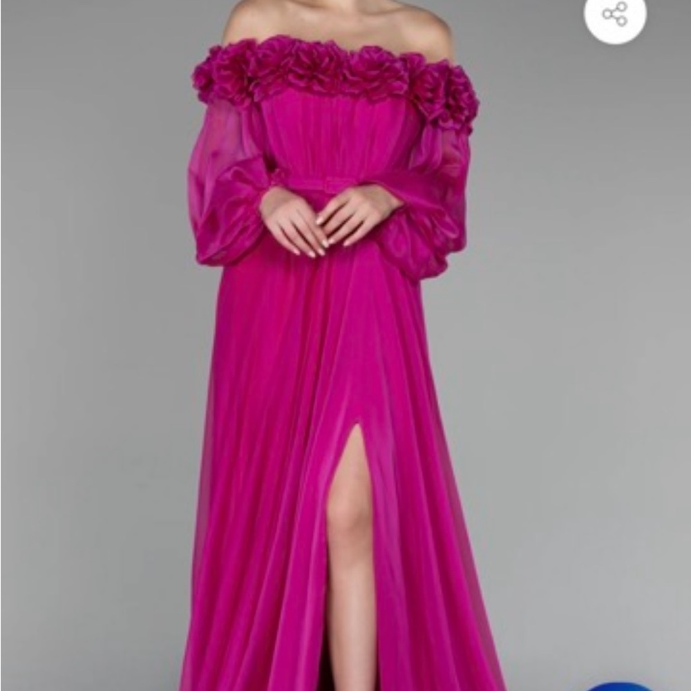 Elegant Pink Gown with Off-Shoulder Neckline and Bishop Sleeves